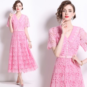 Real shooting spot 2024 summer new elegant water-soluble lace dress short sleeved doll collar tied waist long skirt