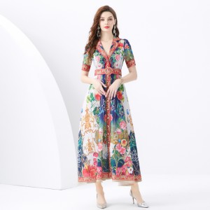 2024 Vacation - Vacation Style Suit Collar Short Sleeve Wide Swing Wave Edge Square Scarf Printed Long Dress