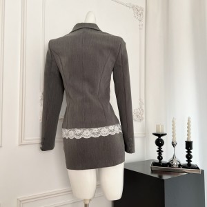 Luamos original design texture lace lace lapel waist cinching jacket+slim A-line skirt two-piece set