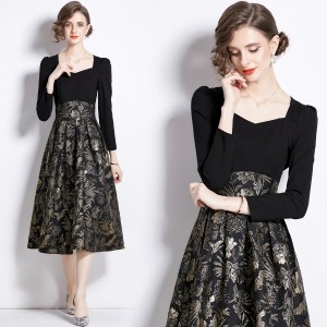 Real time stock 2024 autumn high-end black jacquard mid length temperament dress new