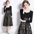 Real time stock 2024 autumn high-end black jacquard mid length temperament dress new