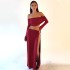 European and American women's clothing 2024 autumn new item one collar long sleeved chest wrapped sexy high slit skirt two-piece set for women