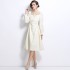 Real shot spot jacquard handmade nail drill beige bubble sleeve dress with waist cinched mid length skirt