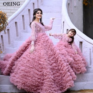 Pink Mom and Daughter's Ball Dress Shooting Princess Long Sleeve Chiffon Cake Dress Mother and Daughter Parent Child Dress Dress