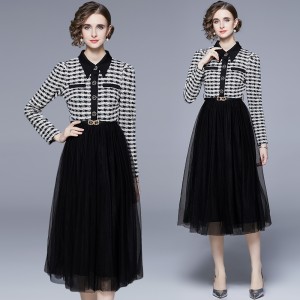 2024 Autumn New Small Fragrant Style Splicing Large Swing Long Sleeve Dress with Elegant and High End Charm