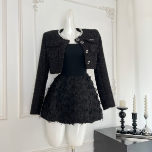 FRTM Twilight Starry Glitter Rich heiress Little Fragrant Style Short Coat Look Thin Flower Bud Skirt Set Little Black Skirt for Women