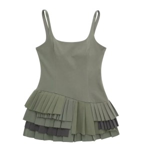 New European and American style fashion U-neck sleeveless waist cinched ruffle edge suspender dress for spring 2024 foreign trade