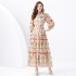 2024 Vacation - Countryside style stand up collar lantern sleeve wave edge extended retro printed dress