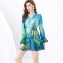 2024 Early Spring - Vacation Style V-neck Lantern Sleeve Wave Edge Colorful Mini Printed Dress Two Piece Set