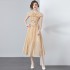 New 2024 champagne colored hollow embroidery custom lace high waist mid length pleated dress