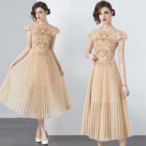 New 2024 champagne colored hollow embroidery custom lace high waist mid length pleated dress