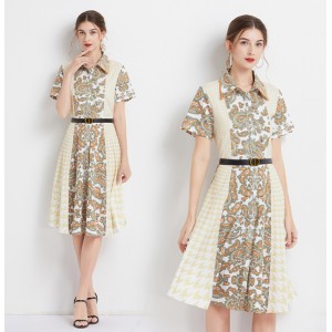 Spot shooting - Chinese style short sleeved retro French floral shirt dress with belt