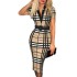 2024 Spring European and American Cross border New Digital Printed Grid Long Sleeve V-neck High Waist Dress (Comes with Waist Belt)