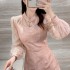 Pink New Chinese Cheongsam Improved Women's 2024 Autumn New Collection Waist, Bubble Sleeves, Stand up Collar, A-line Skirt Dress