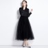 Real shot spot stand up collar lantern sleeves pleated waistband mesh fluffy princess style dress