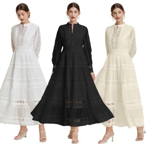 Spot - French Fashion Retro Dress with Lace and Lace Splicing, V-neck Design, Lantern Sleeve Dress