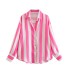 Cross border foreign trade wholesale 2023 spring European and American style printed striped silk satin texture vertical shirt for women