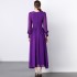 Real time spot purple dress with waist cinched pleated skirt, long sleeved flowing V-neck long skirt