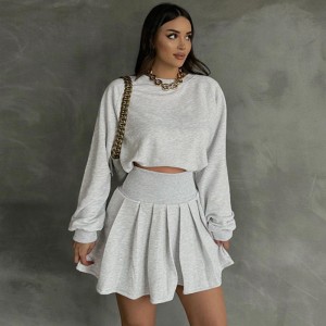 Amazon Cross border 2024 Autumn/Winter New Solid Color Long Sleeve Hoodie and pleated Skirt Two Piece Fashion Casual Set for Women