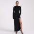 European and American style 2024 spring new women's long sleeved high neck sexy backless slit long skirt fashion dress wholesale