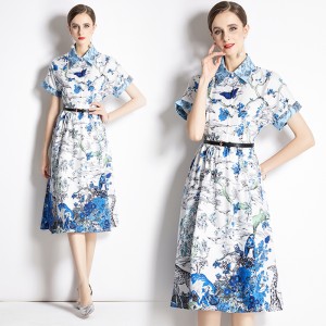 Spot shooting of summer new European style light luxury fashionable temperament jungle bird positioning printed waist cinching dress