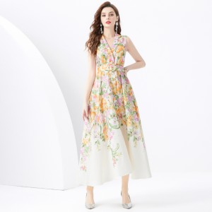 2024 Vacation - Suit Flat Collar Sleeveless Wide Swing Wave Edge Oil Painting Printed Long Dress