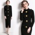 Real time spot standing collar long sleeved bow tie waist button decoration bag hip slit dress