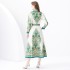 2024 Vacation - Palace style Flip collar Single placket Lantern Sleeve Long Retro Printed Dress