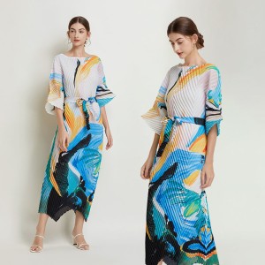 In stock - Miyake Fold Summer New Product Printed Waist Waist Dress Handmade Fold Temperament Skin Covering Long Dress