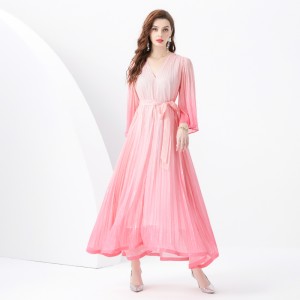 2024 Vacation - Vacation style V-neck flared sleeve pleated wave side length gradient printed dress