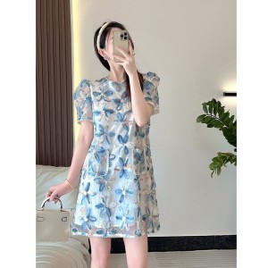 Summer new 2024 heavy industry nail bead short sleeved dress with mesh three-dimensional flower straight tube skirt for children