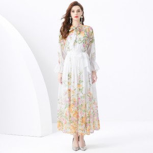 2024 Vacation - Countryside Style V-neck Mushroom Edge Strap Shrink Fold Wide Swing Printed Skirt Set of Four