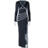 European and American style ins foreign trade solid color dress sexy V-neck hollow long sleeved bead decoration slit dress trendy women