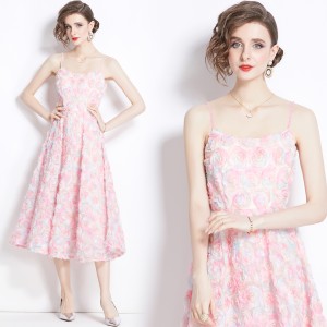 Real shot spot design sense, three-dimensional rose flower lace pink dress, sexy off shoulder vacation dress