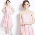 Real shot spot design sense, three-dimensional rose flower lace pink dress, sexy off shoulder vacation dress