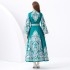 2024 Vacation - Palace style stand up collar flared sleeve single placket printed long lace dress