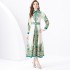 2024 Vacation - Palace style Flip collar Single placket Lantern Sleeve Long Retro Printed Dress