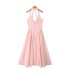 2024 autumn new French retro sexy deep V-neck pink checkered strap hanging neck long dress