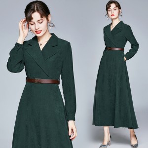 Real shot high waisted suit collar long dress in stock