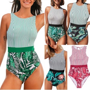 2024 new European and American printed striped one-piece bikini swimsuit sexy leaf splicing triangle women's swimsuit wholesale