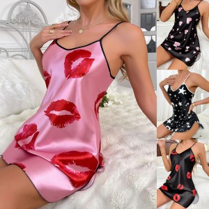 Foreign trade sexy women's suspender sleepwear summer thin silk suspender nightgown women's imitation silk casual home wear