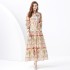 2024 Vacation - Countryside style stand up collar lantern sleeve wave edge extended retro printed dress