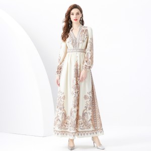 2024 Vacation - Palace Style V-neck Lantern Sleeve Wave Edge Vintage Printed Dress