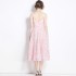 Real shot spot design sense, three-dimensional rose flower lace pink dress, sexy off shoulder vacation dress