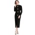 Real time spot standing collar long sleeved bow tie waist button decoration bag hip slit dress