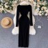 European and American Ins sexy low neck leak collarbone tight fitting waist and hip elastic knitted dress women's autumn and winter base skirt