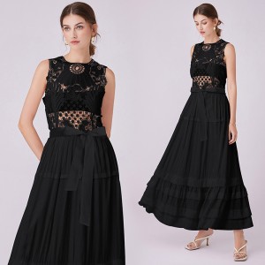 5115 Summer European and American Round Sleeveless Hollow Water soluble Lace Splicing Dress with Long Skirt and Strap