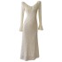 Elegant and fashionable temperament, V-neck flared long sleeved slimming dress, women's beige daily wearable dress 68465