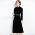 Real time spot European station new women's slim fit large display black velvet dress with belt included