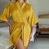 Black imitation silk mid sleeved women's nightgown, summer short cardigan, lace up tassel bathrobe, thin and sexy pajamas